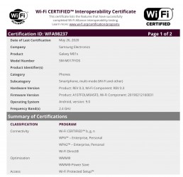 شهادة Samsung Galaxy M01s Wi-Fi وتشغيل GeekBench